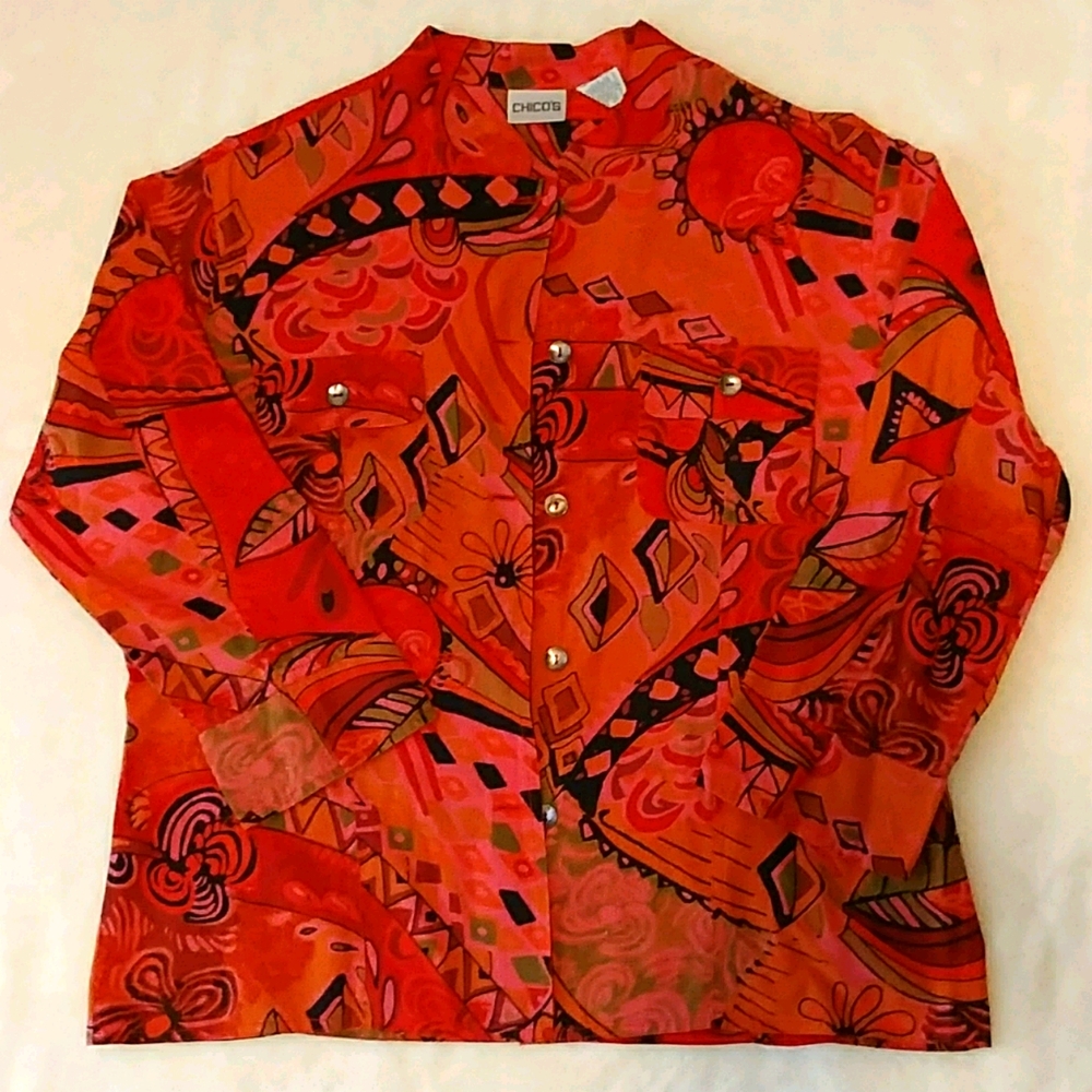 Vintage Orange Pattered Blouse with 3/4 Sleeves